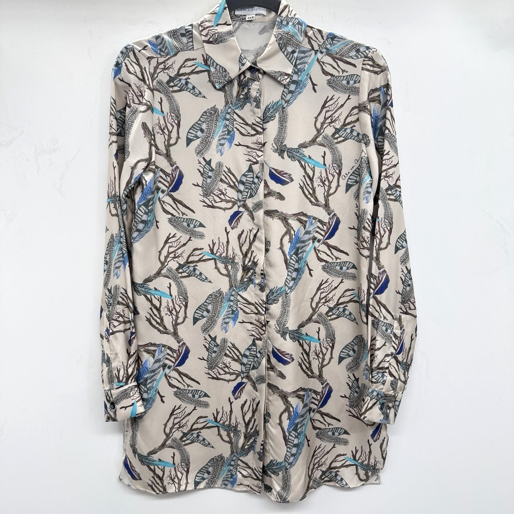 Ala von Auersperg 100% Silk‎ Feather Print Button Down Shirt XXS Luxury Boho